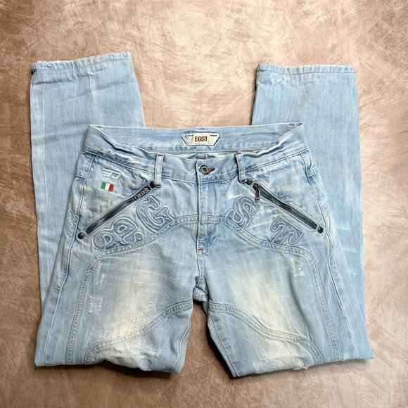 EGST Egoiste Design Low Rise Embroidered Distressed Jeans Light Wash Denim Euro - Picture 1 of 12